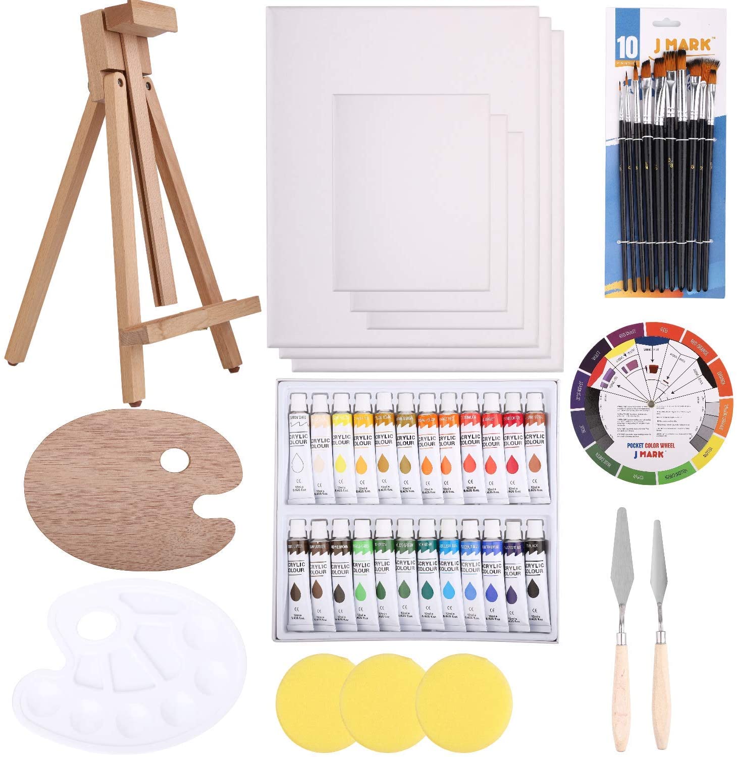 48pc Deluxe Painting Kits for Adults - Includes Adjustable Wood Easels, 10  Brushes Set, 24 Acrylic Paints, Wooden and Plastic Palettes, 2 Painting